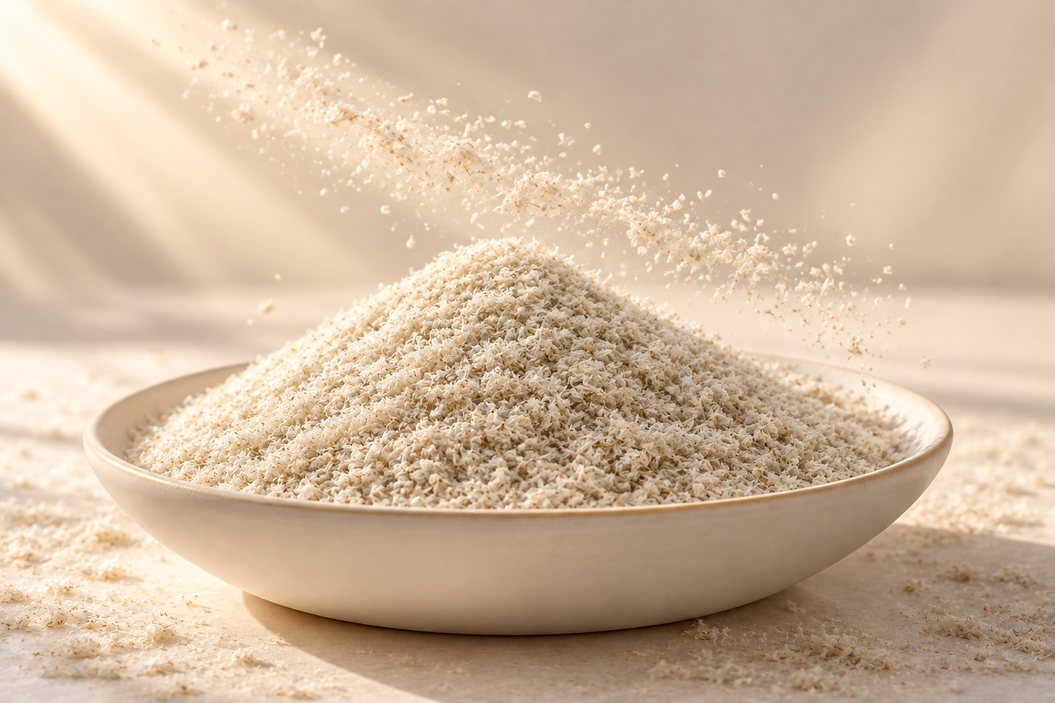 Composição ilustrativa de cascas claras de psyllium em um prato, com flocos suspensos